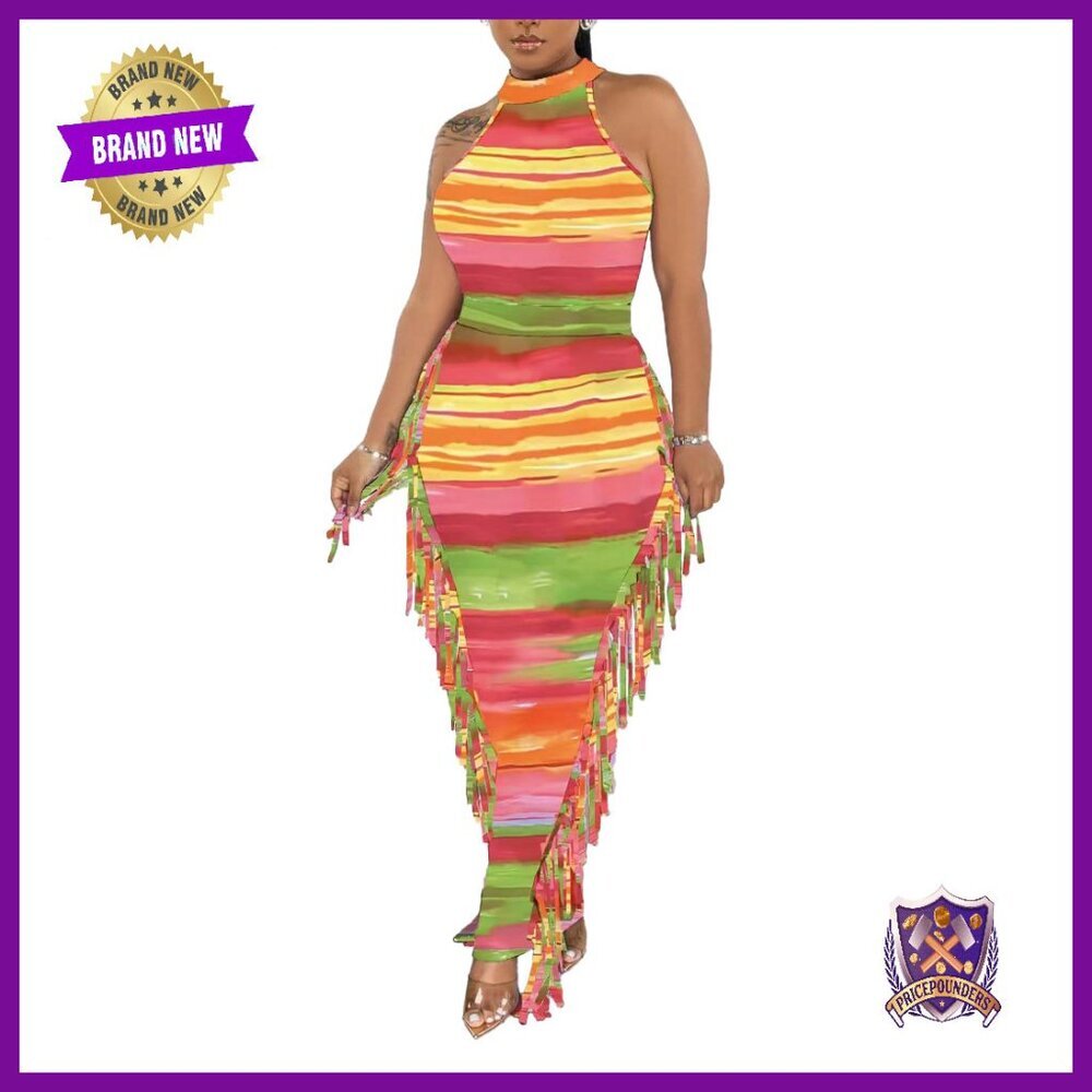 Sexy Two Piece Set Crop Top Ruched Bodycon Maxi Dress Fringe Skirt
